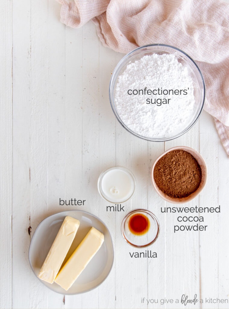 chocolate buttercream frosting ingredients in bowls with text