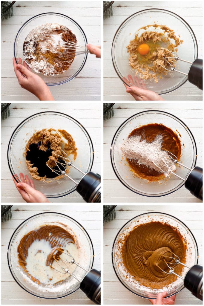 photo collage demonstrating how to make batter for a gingerbread loaf