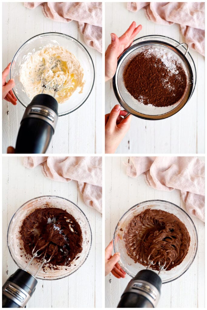 photo collage demonstrating how to make chocolate buttercream frosting from scratch