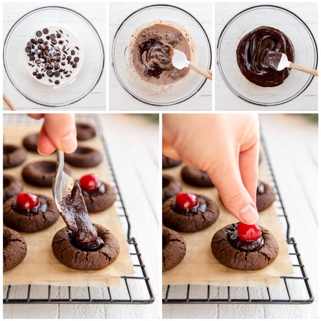 photo collage demonstrating how to make chocolate ganache for thumbprint cookies