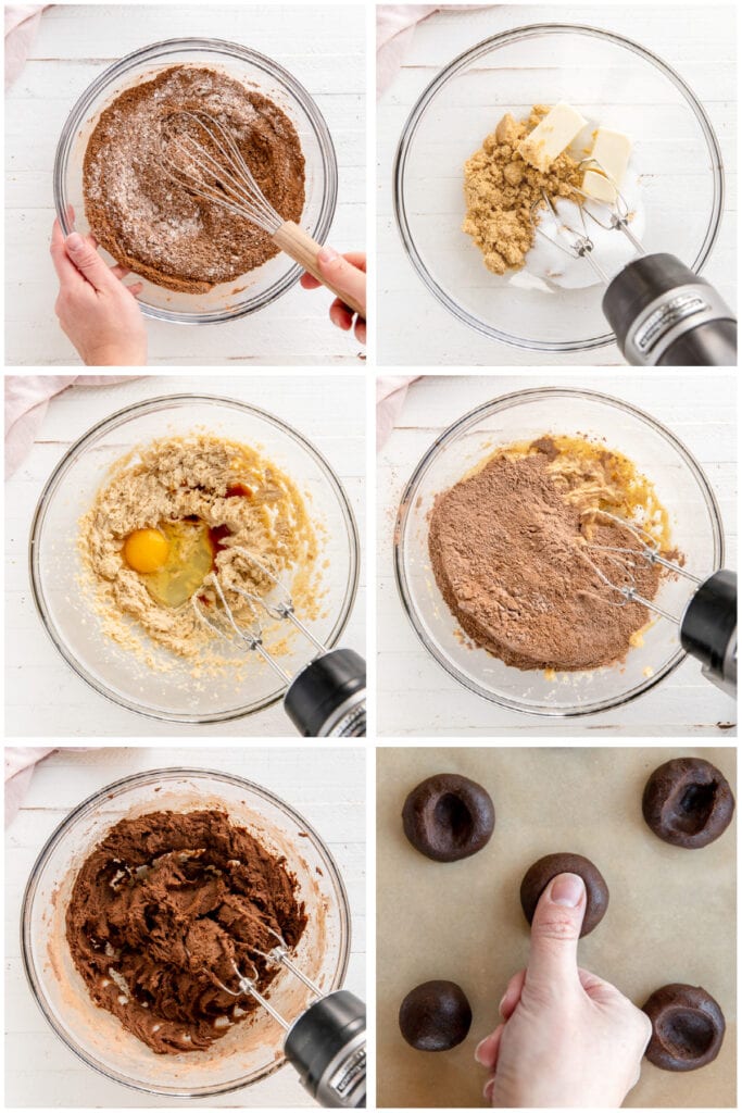 photo collage demonstrating how to make dough for chocolate thumbprint cookies