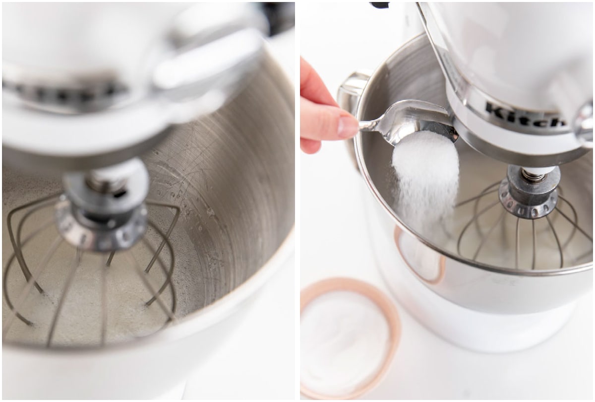 two photo collage demonstrating how to make egg whites frothy and add sugar to mixing bowl