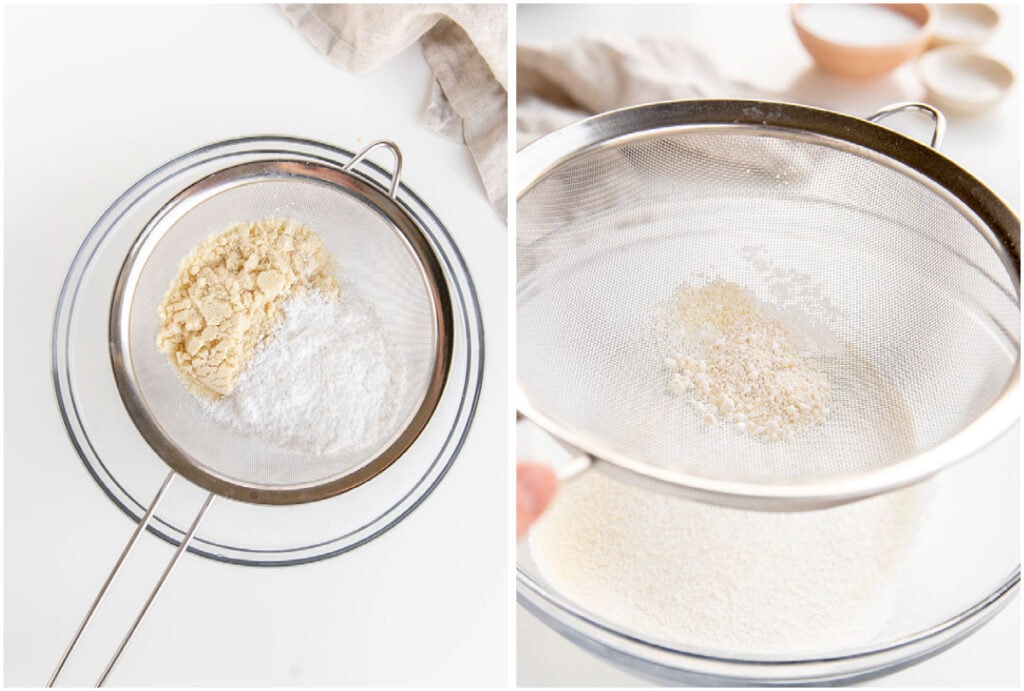 two photo collage demonstrating how to sift almond flour and confectioners' sugar for macarons