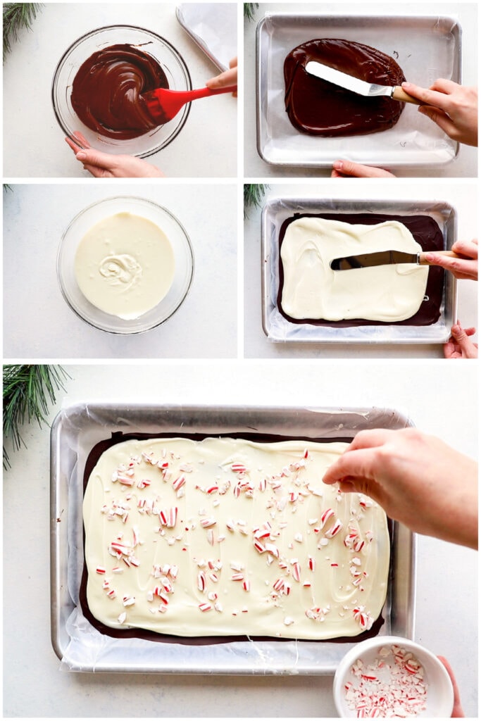 photo collage demonstrating how to make peppermint bark