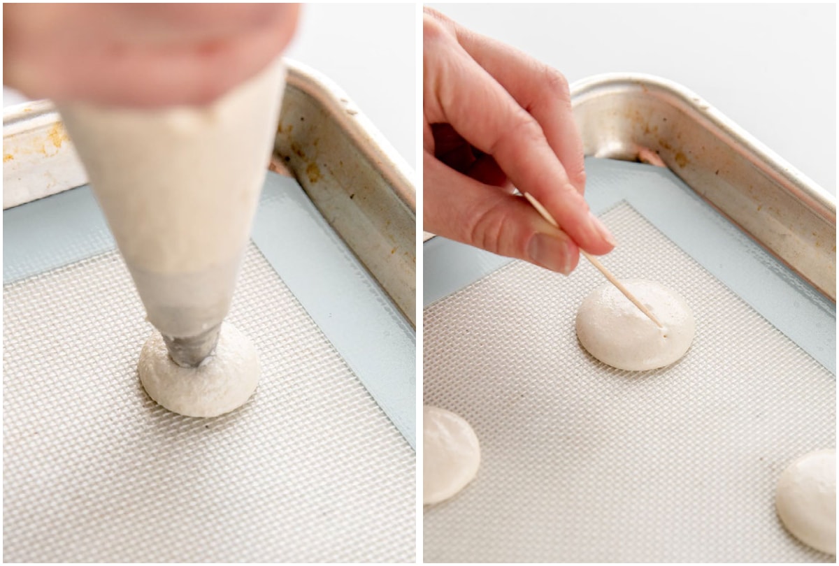two photo collage demonstrating how to pipe macarons and pop air bubbles with a toothpick