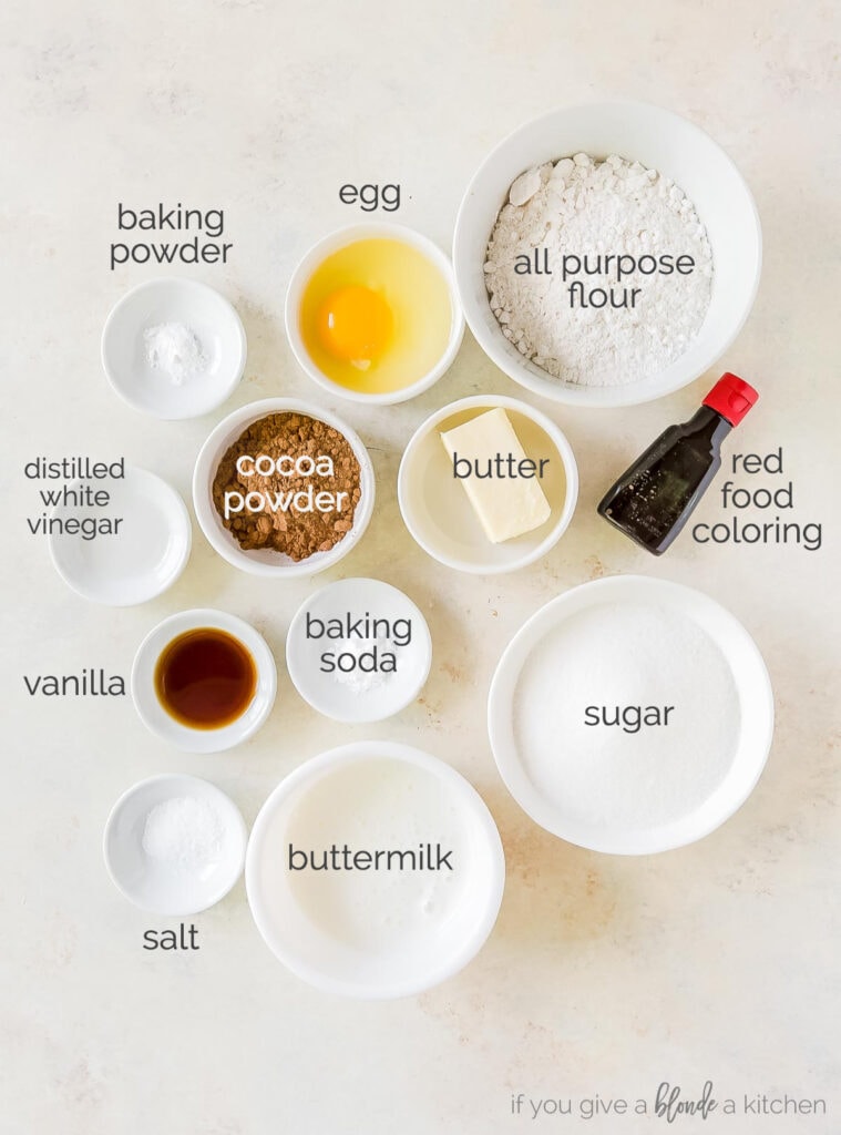 red velvet cupcake ingredients in bowls labeled with text