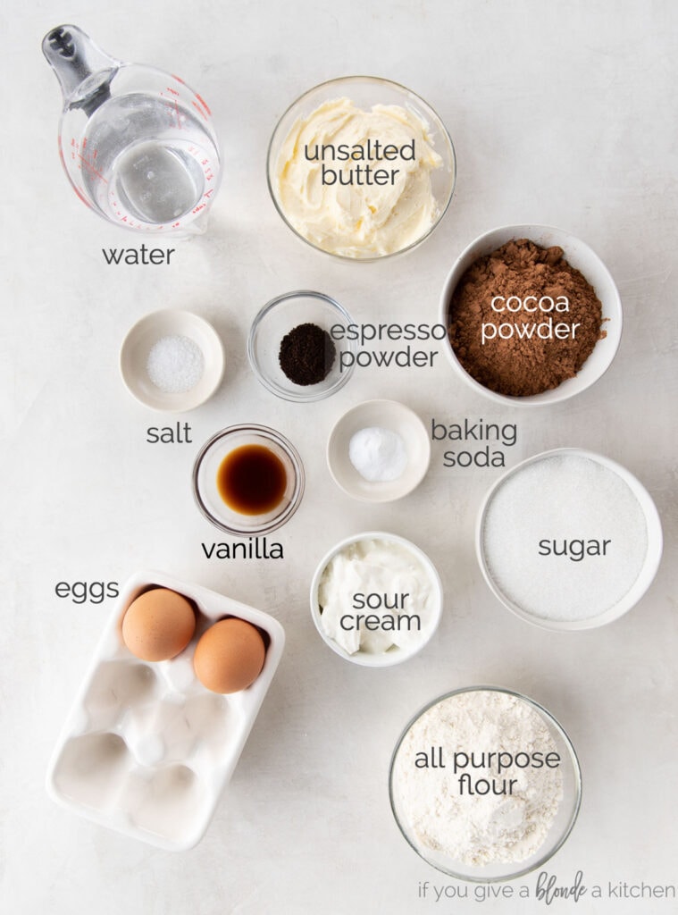 chocolate cupcake ingredients in bowls