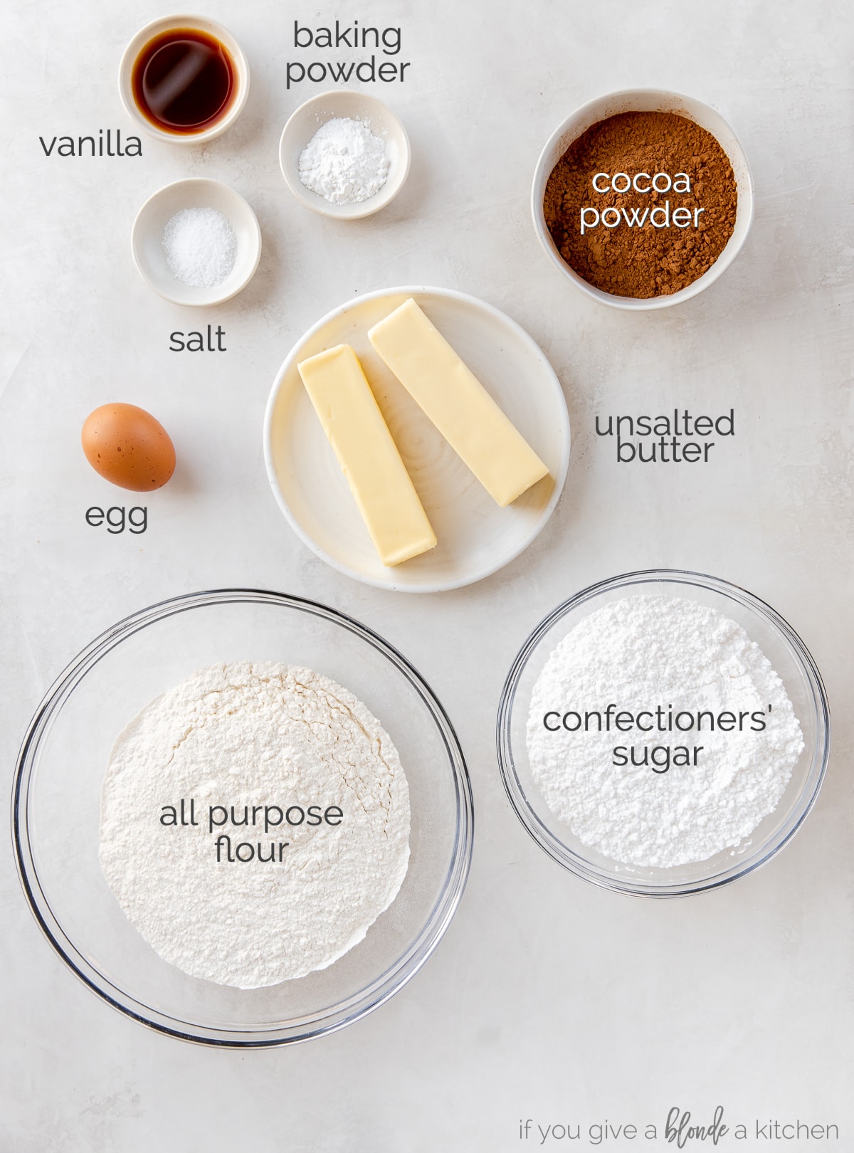 chocolate cut out cookie ingredients in bowls labeled with text