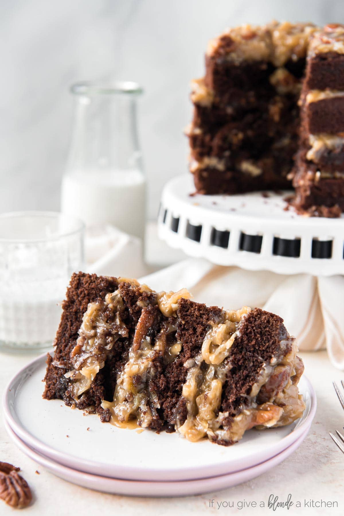 slice of german chocolate cake with coconut filling on white round plate