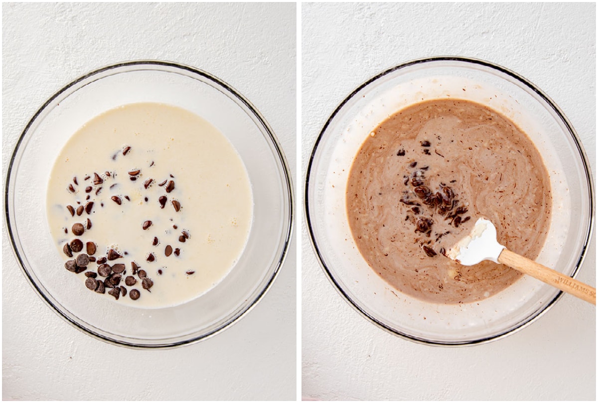 photo collage demonstrating how to make chocolate ganache with chocolate chips and heavy cream in a glass bowl