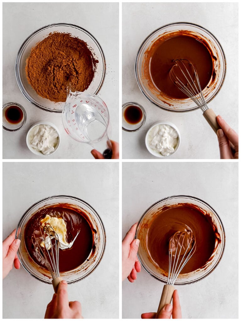 photo collage demonstrating how to make chocolate mixture for chocolate cupcakes