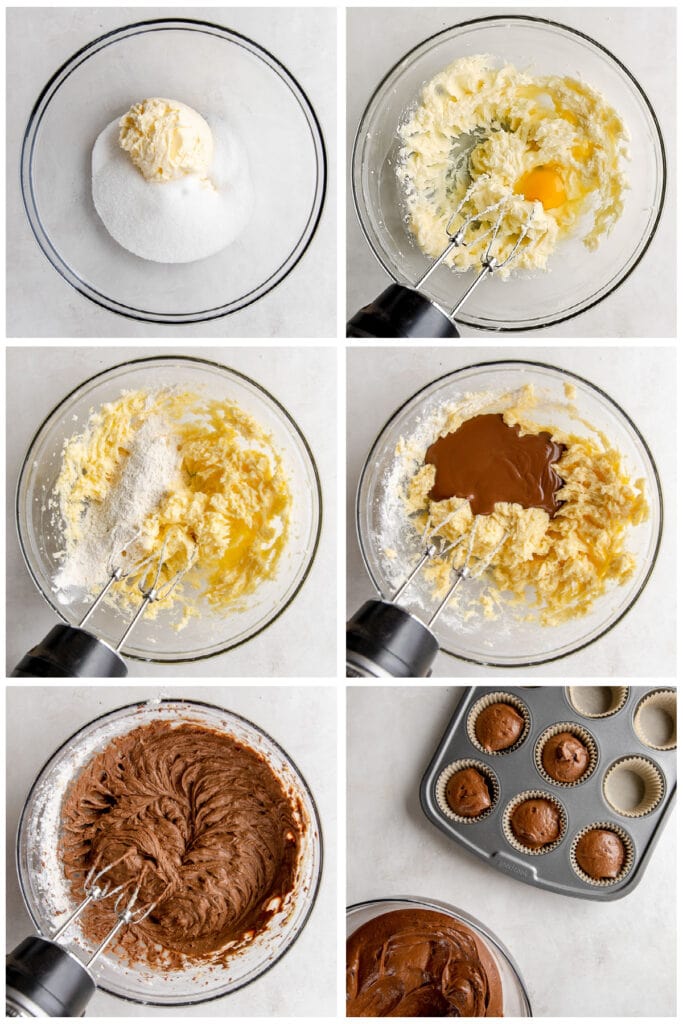 photo collage demonstrating how to make batter for chocolate cupcakes