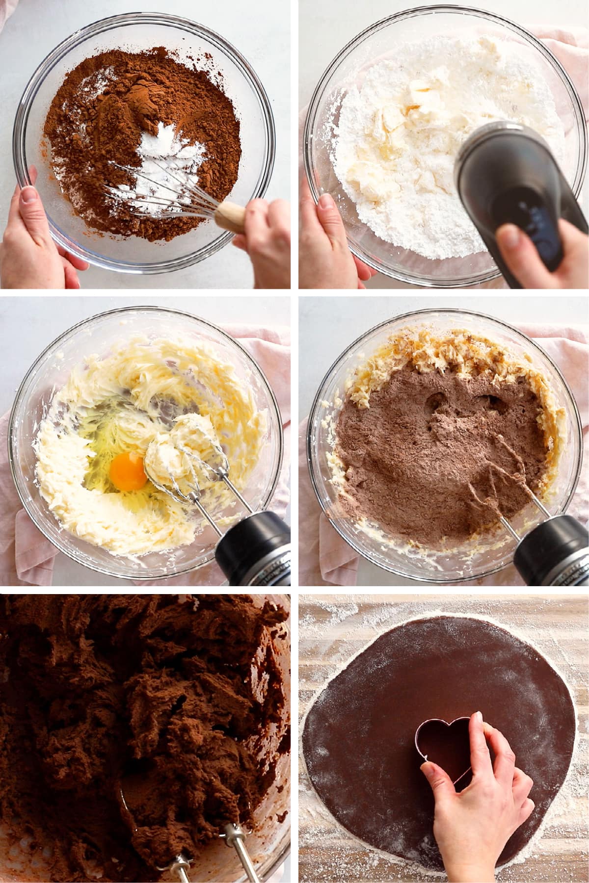 photo collage demonstrating how to make chocolate cookie dough for cut out cookies