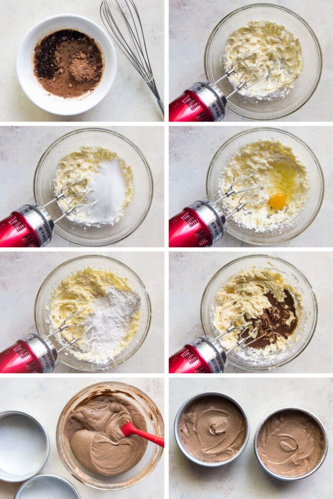 photo collage demonstrating how to make german chocolate cake batter in a mixing bowl