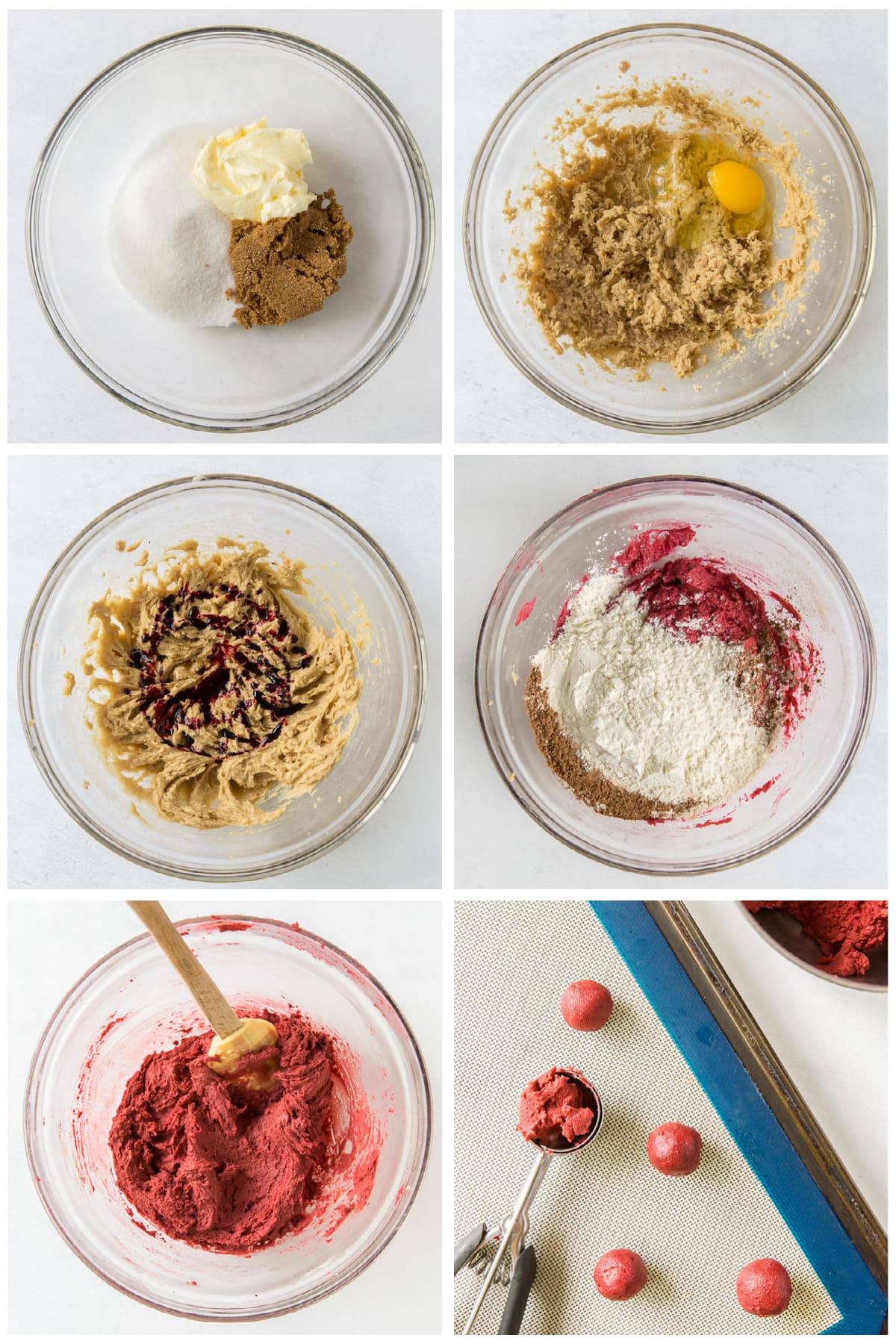 photo collage demonstrating how to make dough for red velvet sandwich cookies