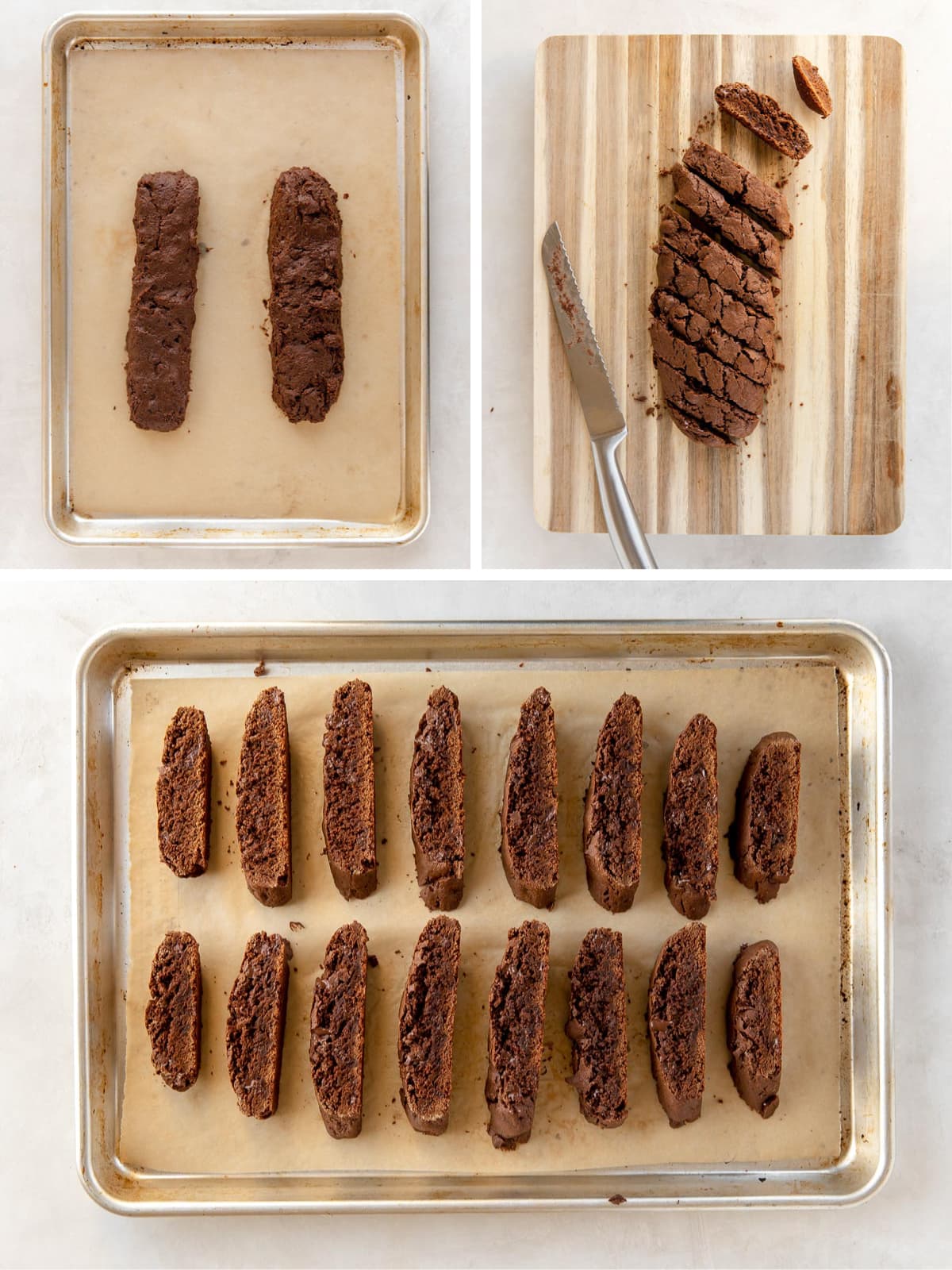 photo collage demonstrating how to shape and cut chocolate biscotti