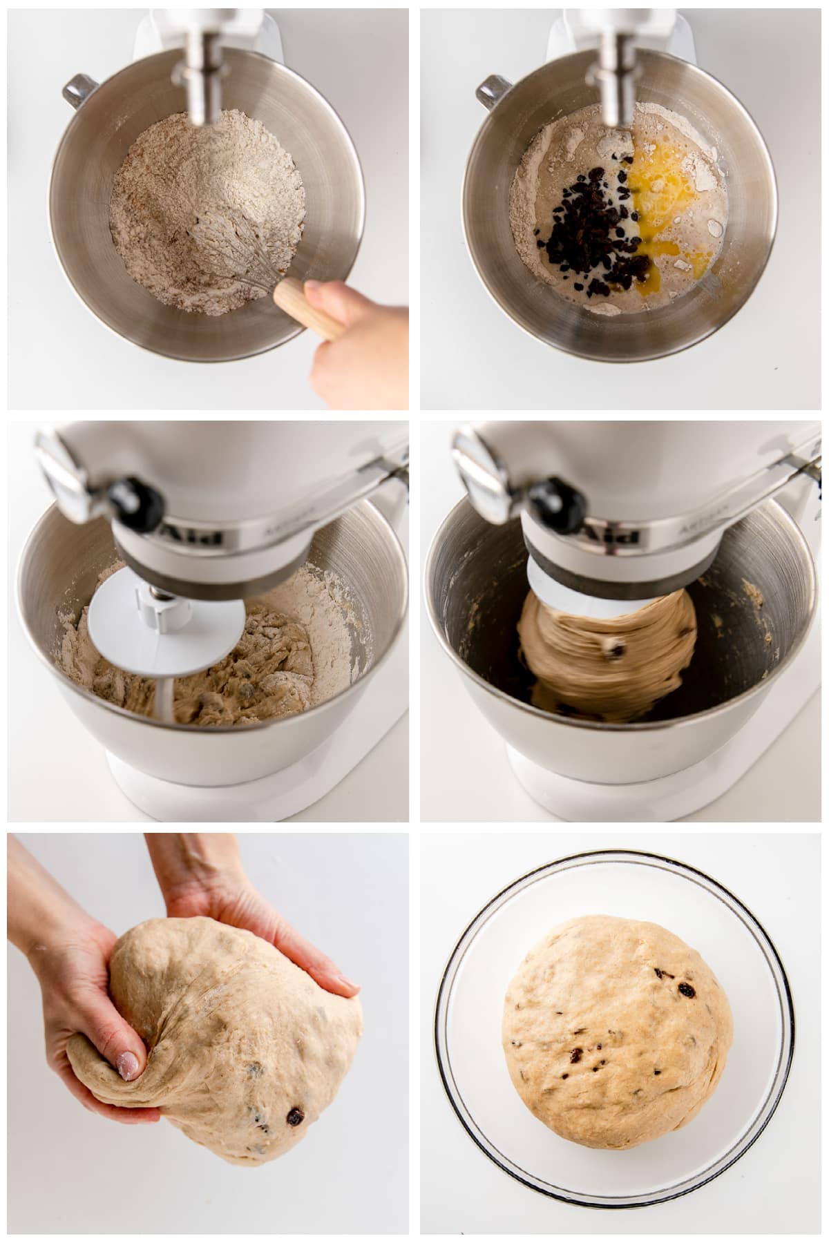 photo collage demonstrating how to make dough for hot cross buns in a stand mixer