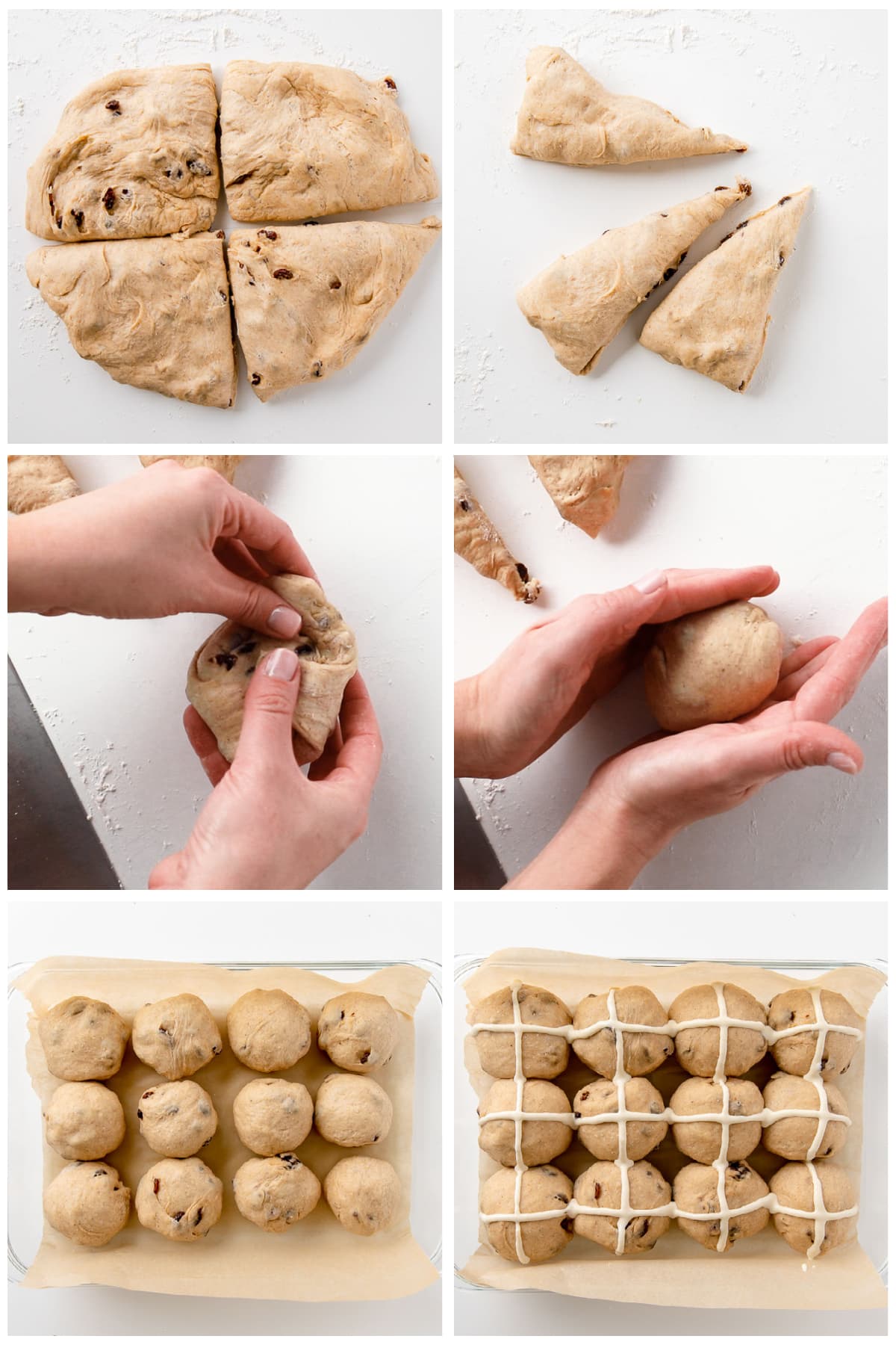 photo collage demonstrating how to shape dough into hot cross buns
