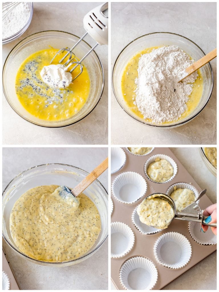 photo collage demonstrating how to make lemon poppy seed muffins