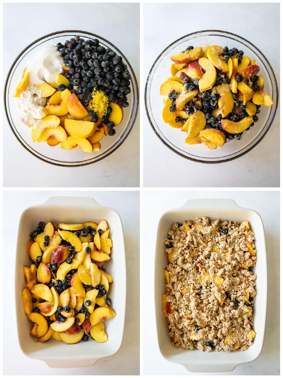 photo collage demonstrating how to make peach blueberry crisp