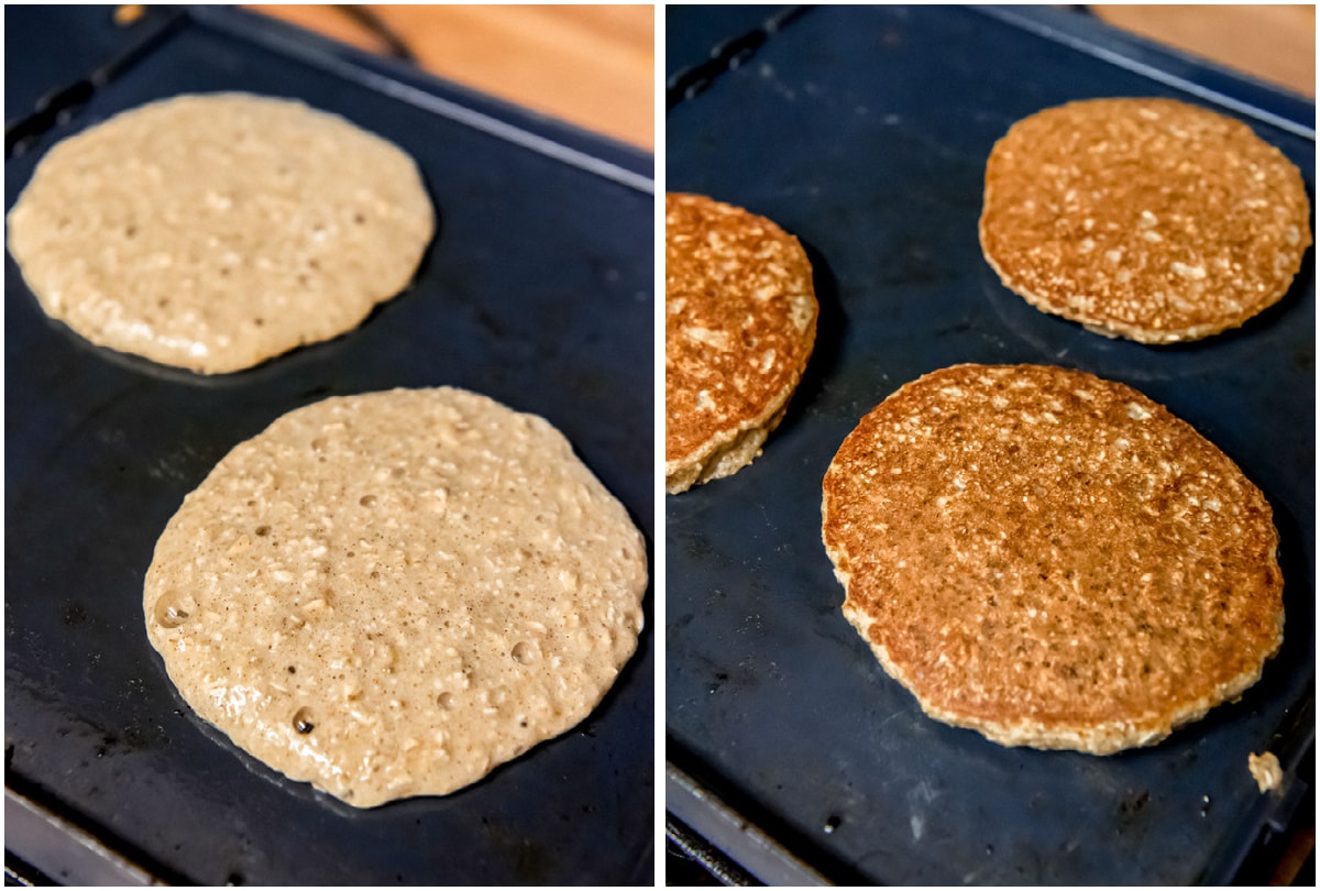 photo collage showing before and after banana oatmeal pancakes being cooked on a griddle.