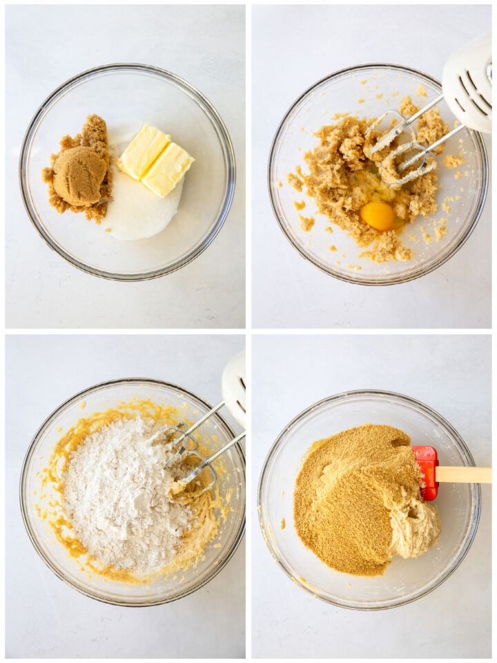 photo collage demonstrating how to make graham cracker dough for s'mores bars