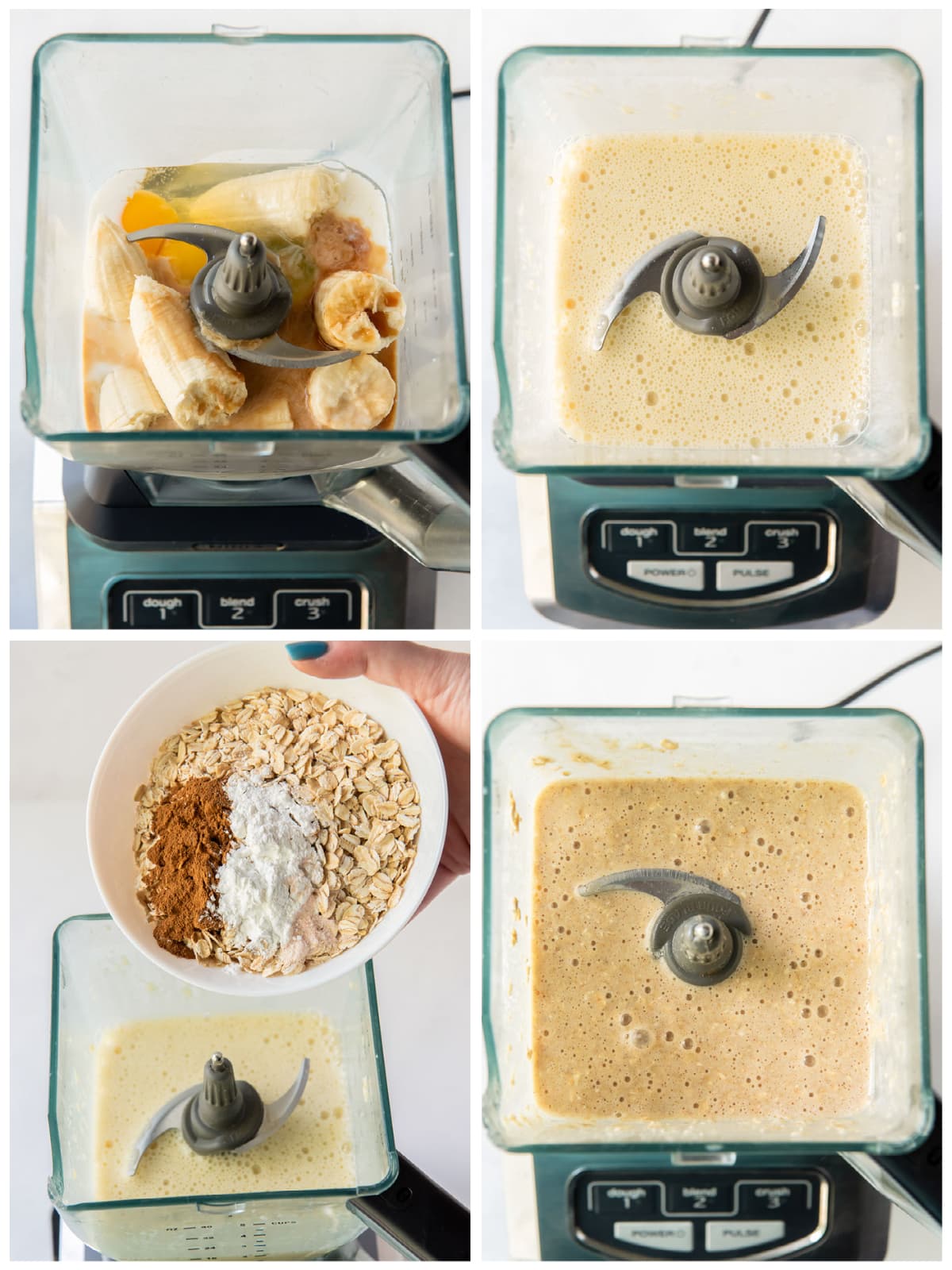photo collage demonstrating how to make banana oatmeal pancake batter in a blender