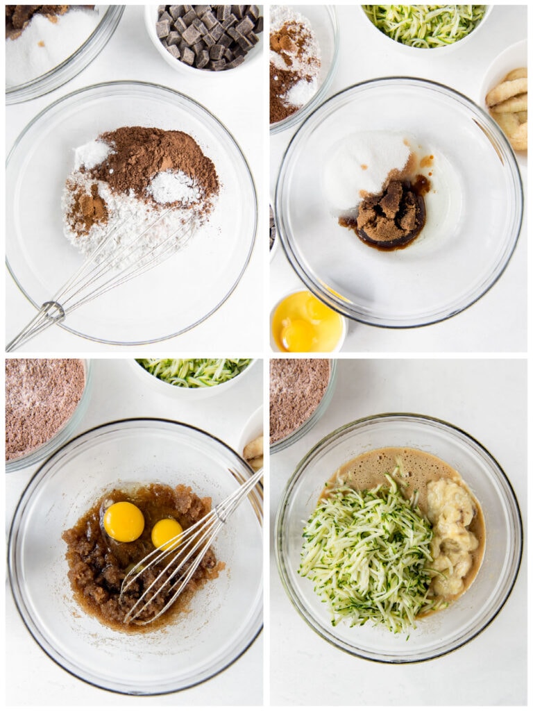 photo collage demonstrating how to make chocolate zucchini banana bread in a glass mixing bowl