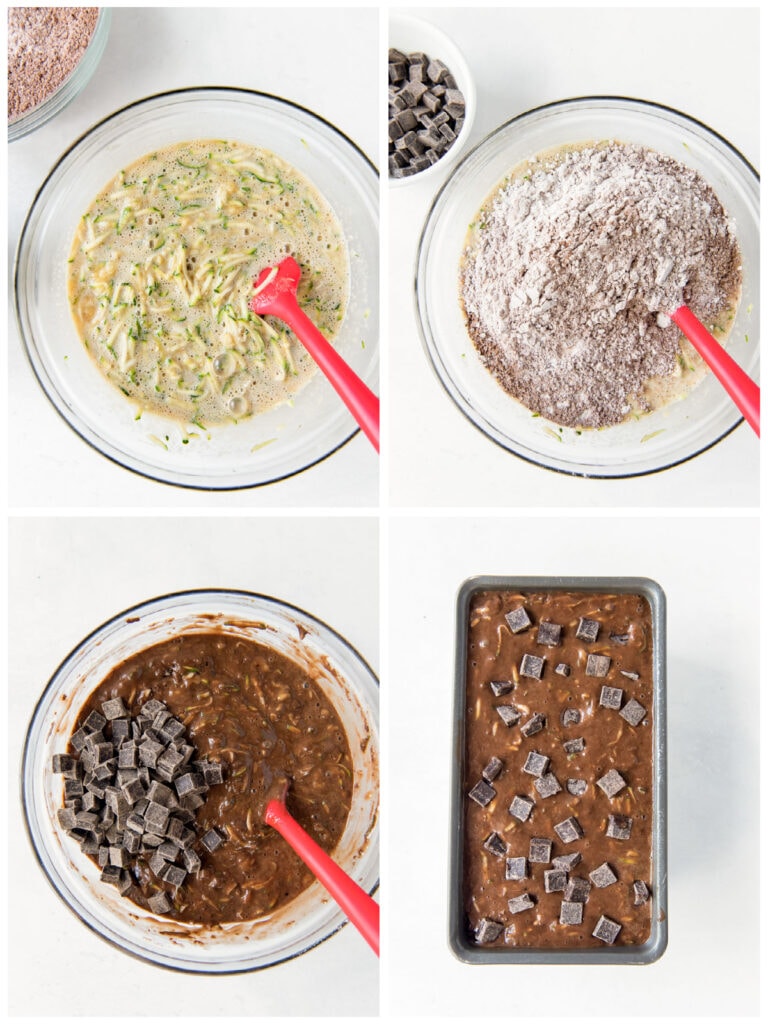 photo collage demonstrating how to make chocolate zucchini banana bread in a glass mixing bowl and loaf pan