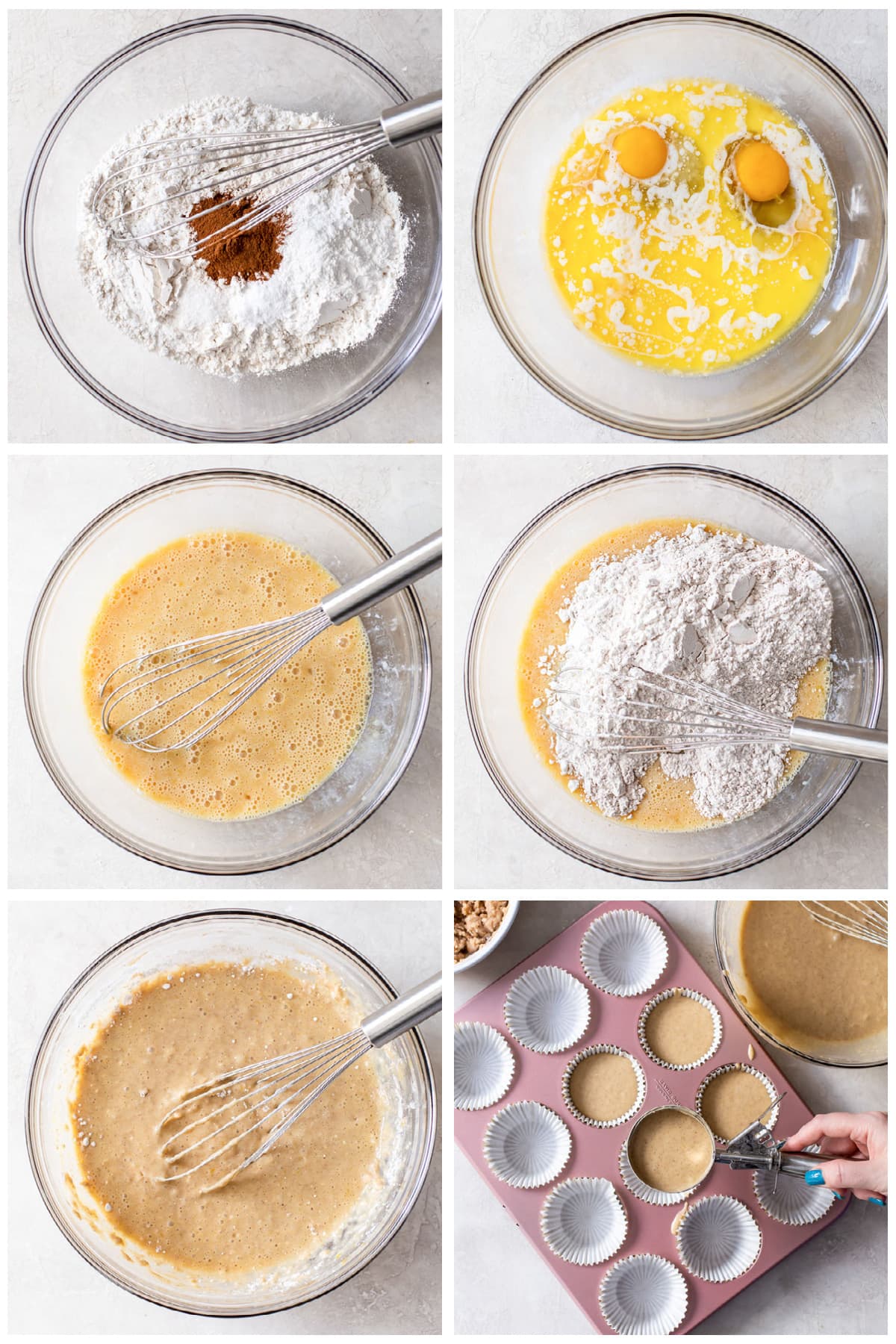 photo collage demonstrating how to make coffee cake muffins in a mixing bowls
