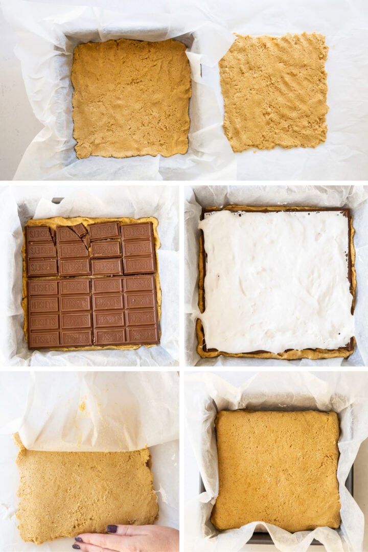 photo collage demonstrating how to assemble smores bars