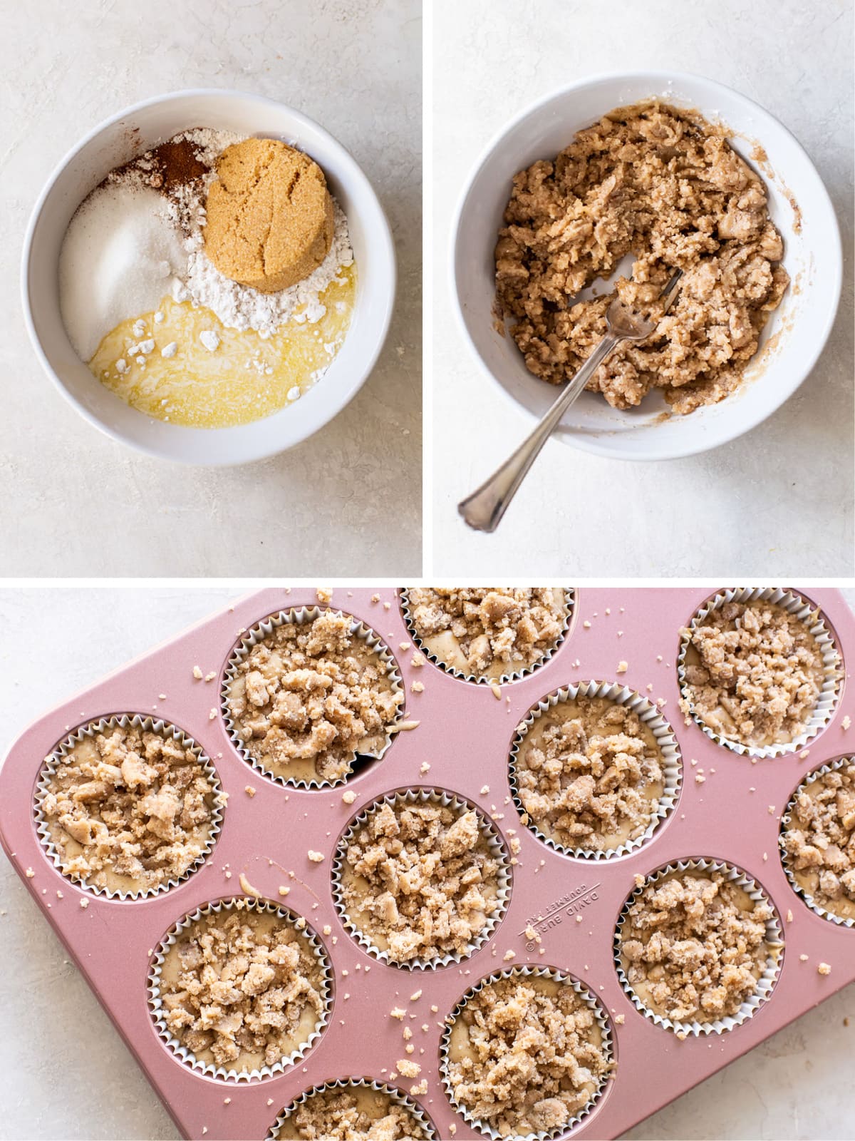 photo collage demonstrating how to make streusel for coffee cake muffins