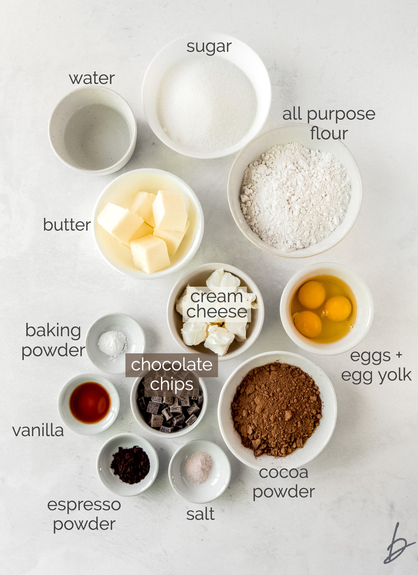 chocolate pound cake ingredients in bowls.