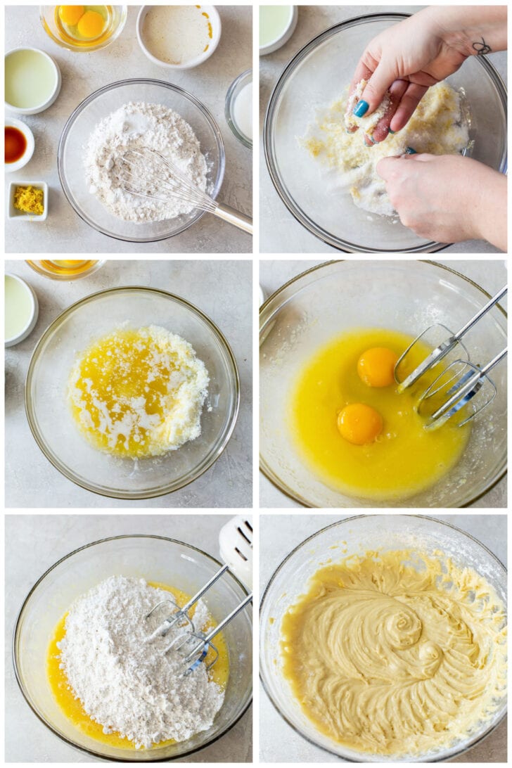 photo collage demonstrating how to make lemon crinkle cookies in a mixing bowl
