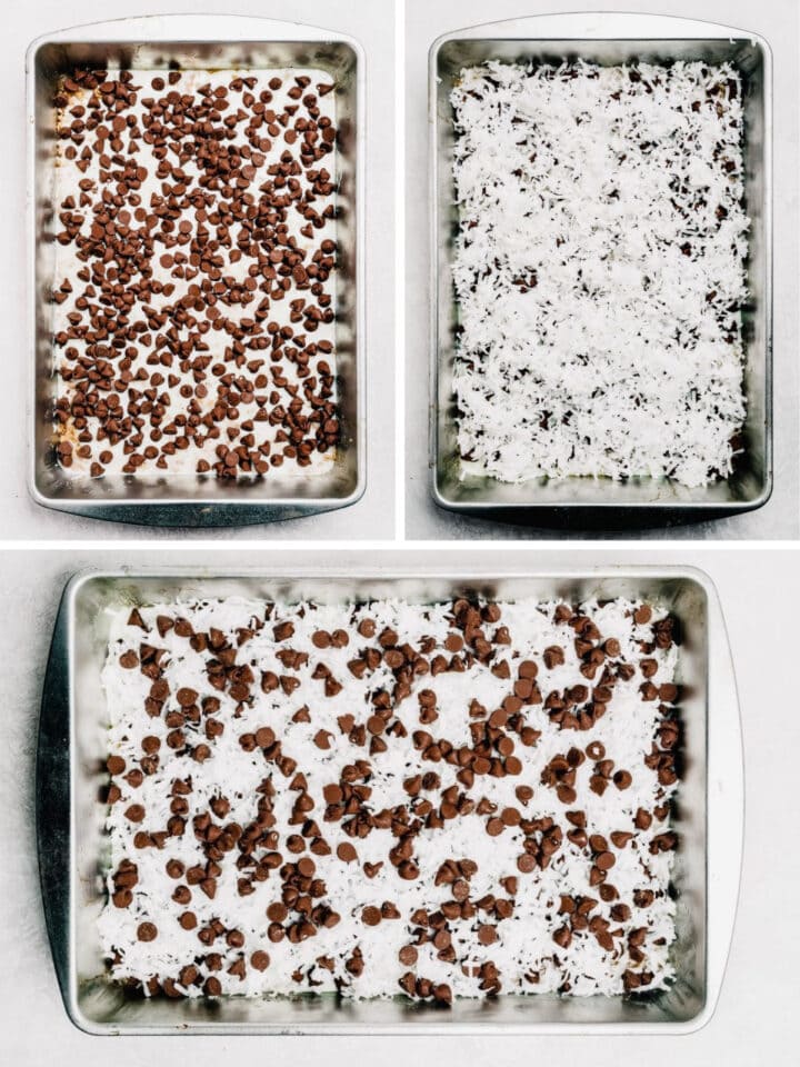 photo collage demonstrating how to layer ingredients for magic cookie bars