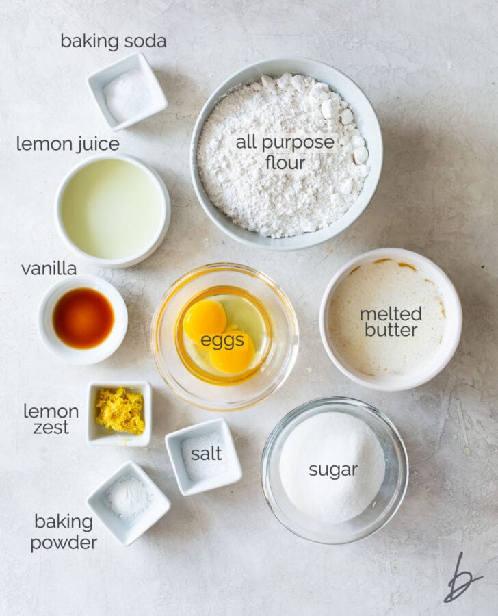 lemon crinkle cookies ingredients in bowls