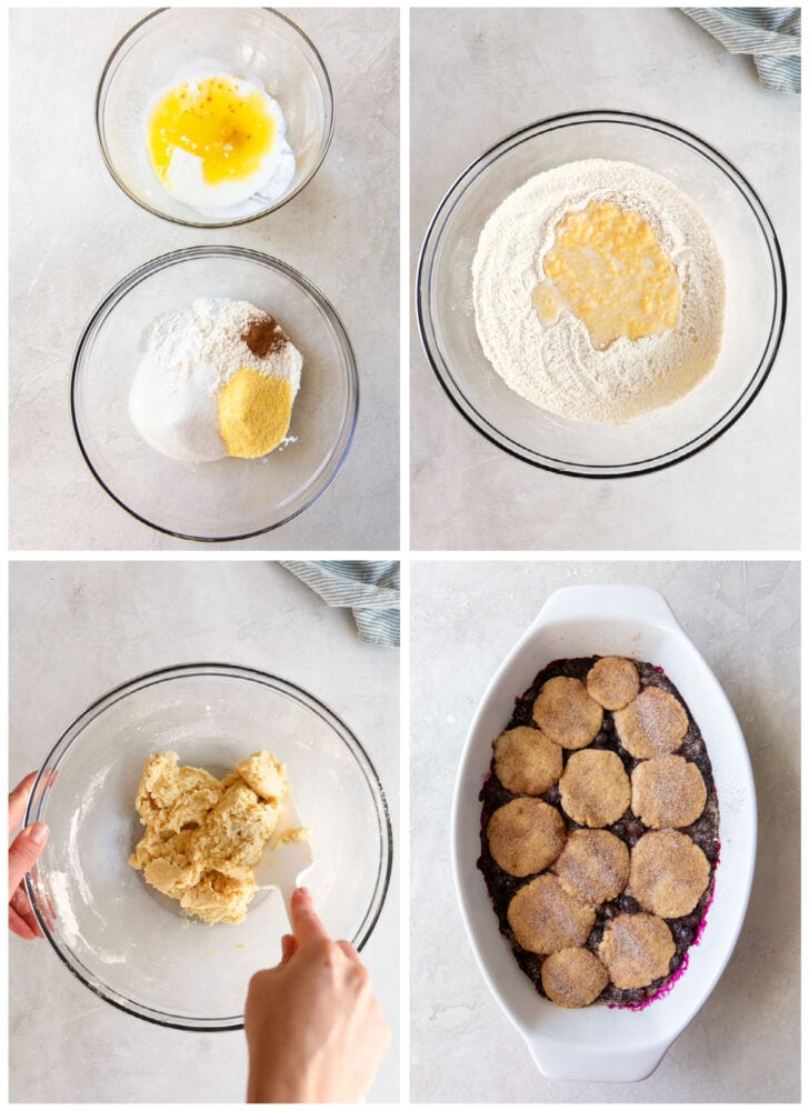 photo collage demonstrating how to make cobbler biscuits for blueberry cobbler