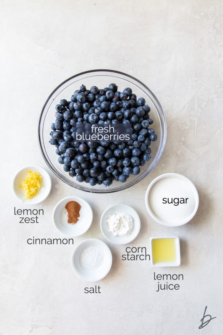 blueberry cobbler filling ingredients labeled with text