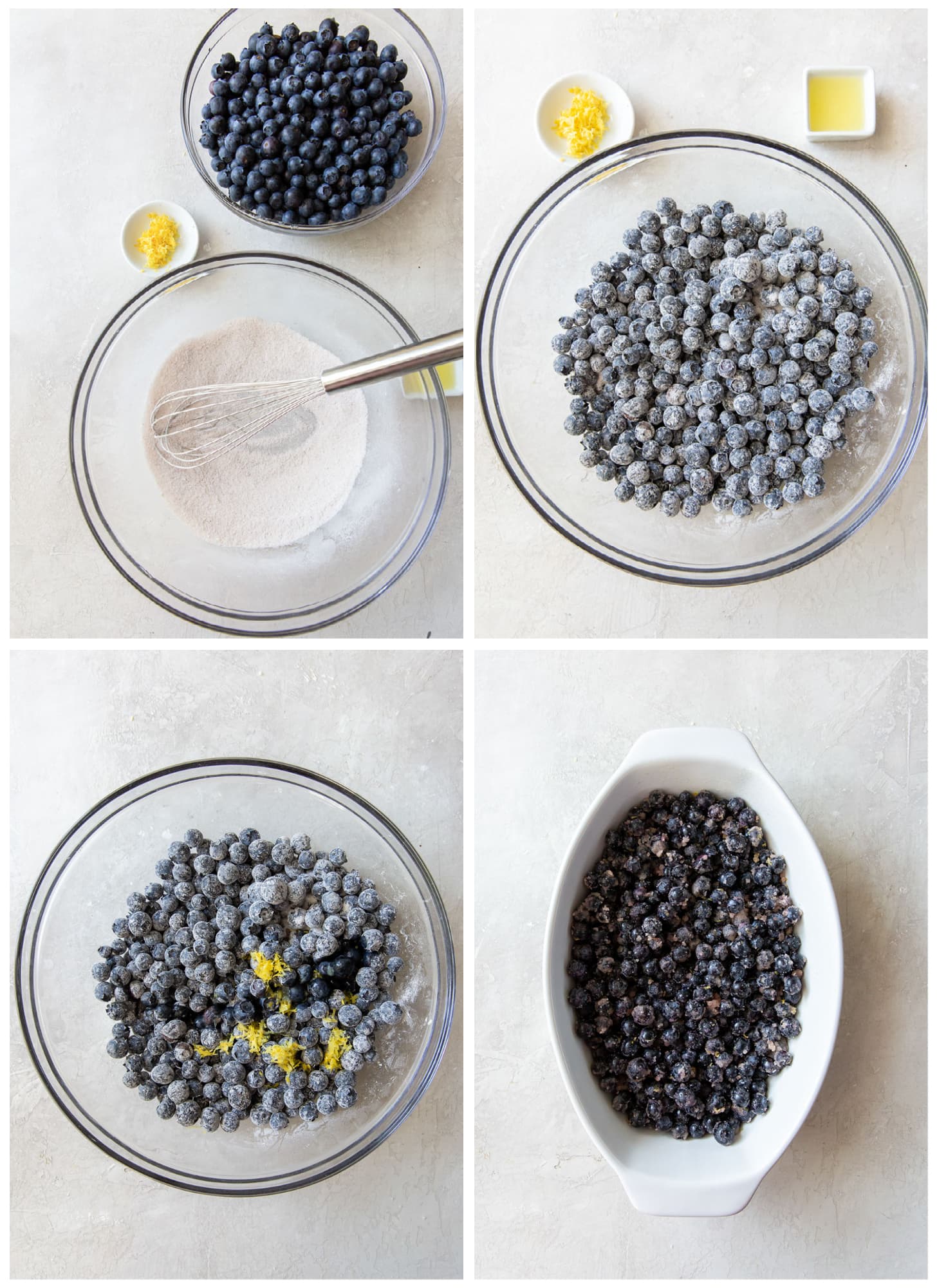 photo collage demonstrating how to make filling for blueberry cobbler