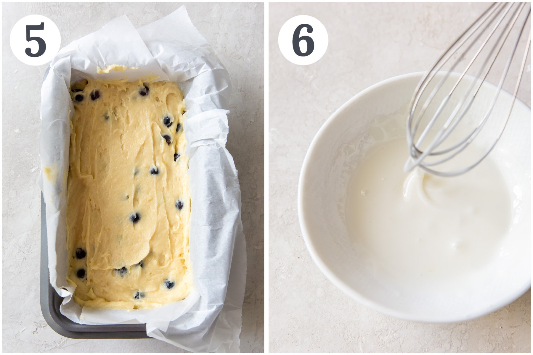 photo collage demonstrating how to make lemon blueberry bread in a loaf pan and make a lemon glaze.