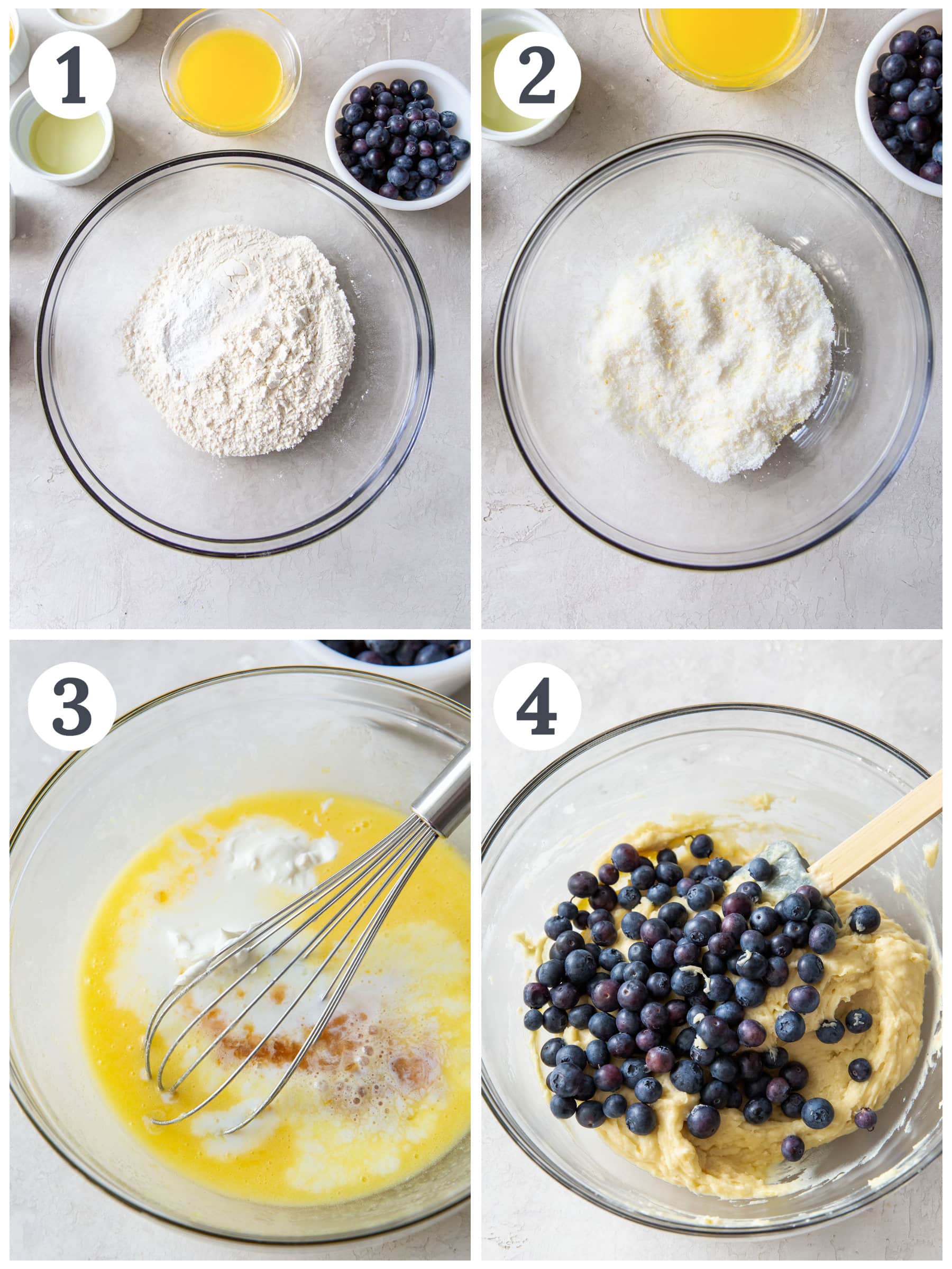 photo collage demonstrating how to make lemon blueberry bread in a mixing bowl.
