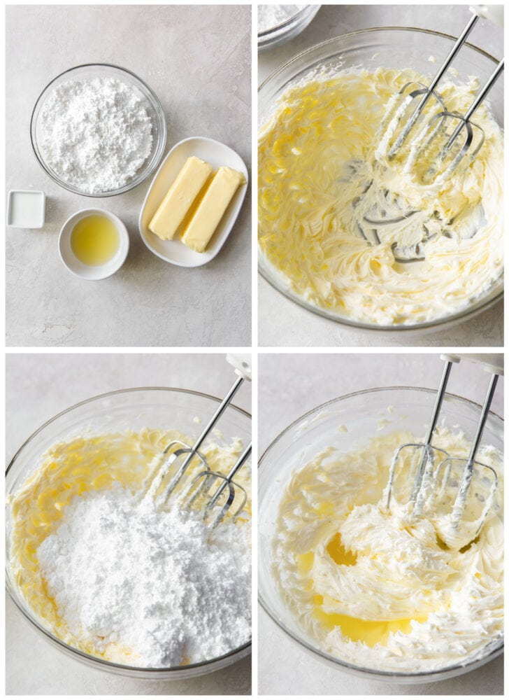 photo collage demonstrating how to make lemon buttercream frosting