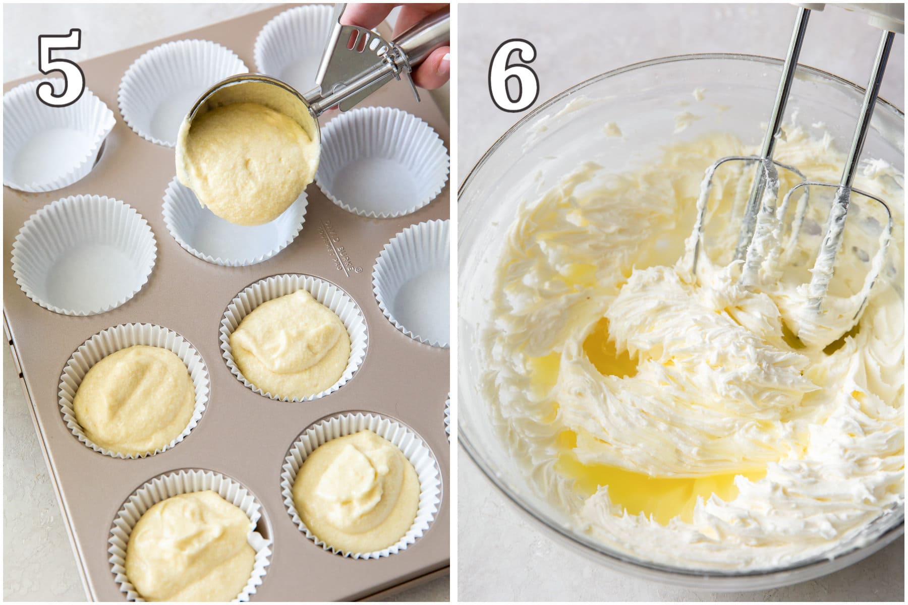 photo collage demonstrating how to make lemon cupcakes in muffin tin and lemon buttercream frosting in mixing bowl.