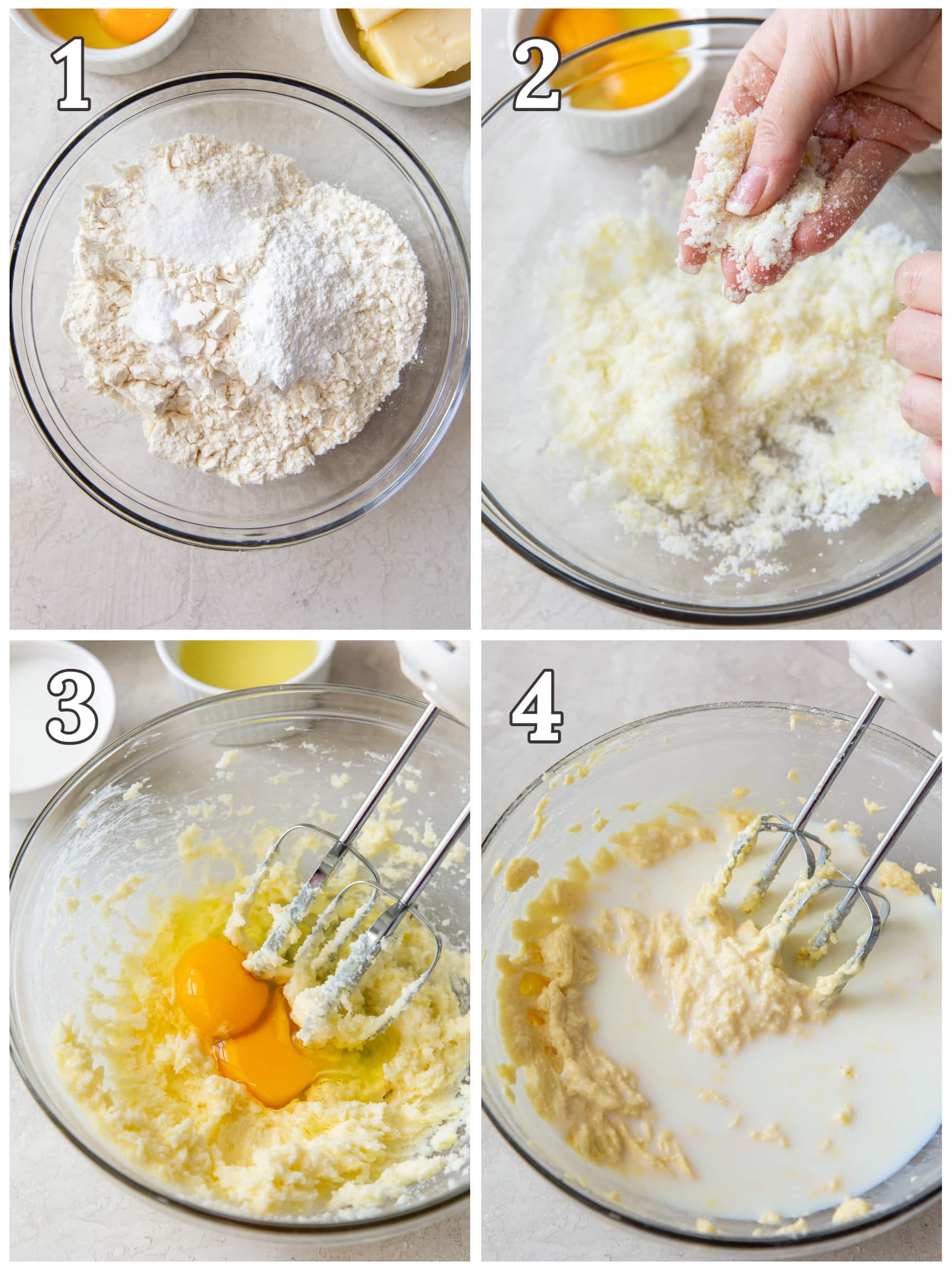photo collage demonstrating how to make lemon cupcakes in a mixing bowl with hand mixer.