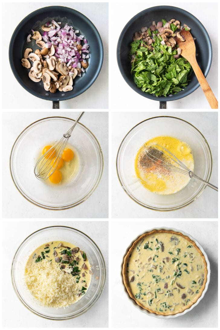 photo collage demonstrating how to make spinach mushroom quiche