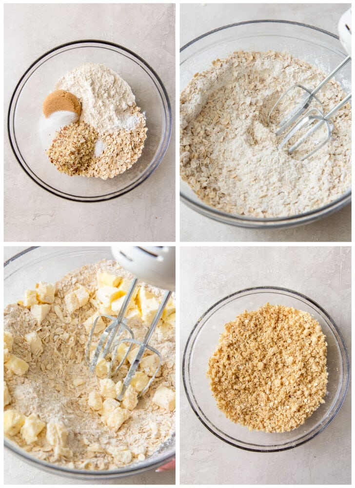 photo collage demonstrating how to make oat mixture for strawberry oatmeal bars