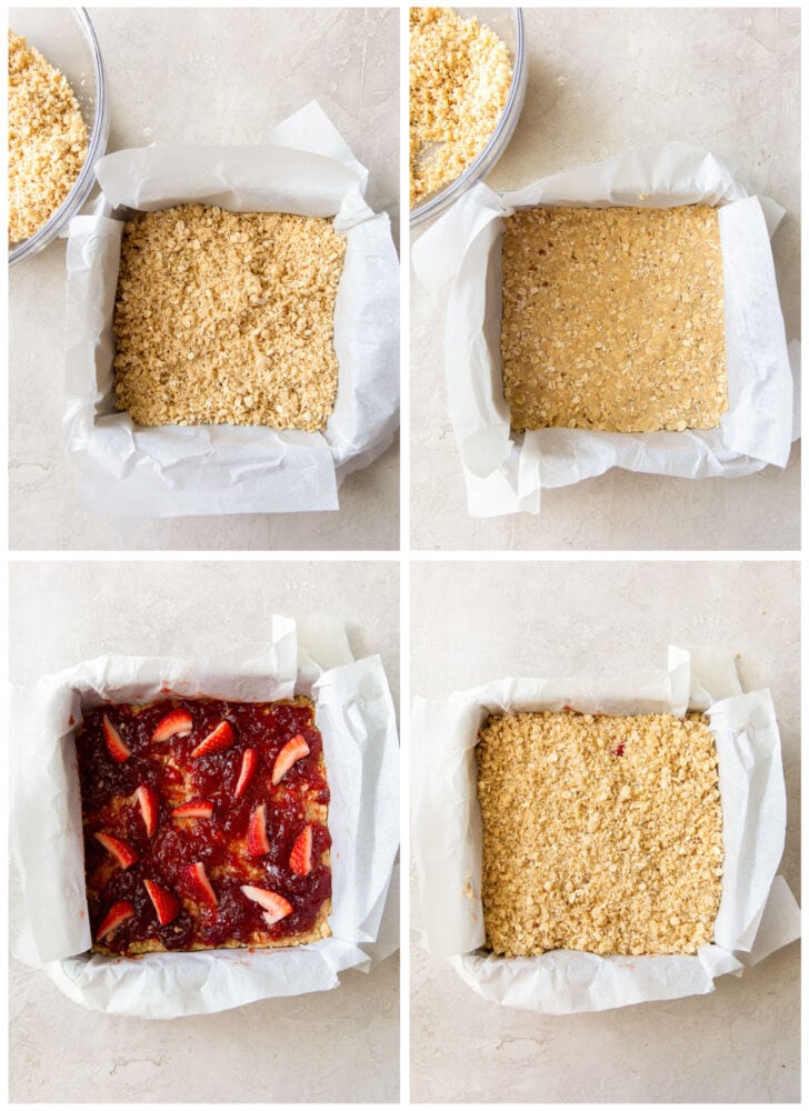 photo collage demonstrating how to layer crust, strawberry preserves and crumble topping for strawberry oatmeal bars
