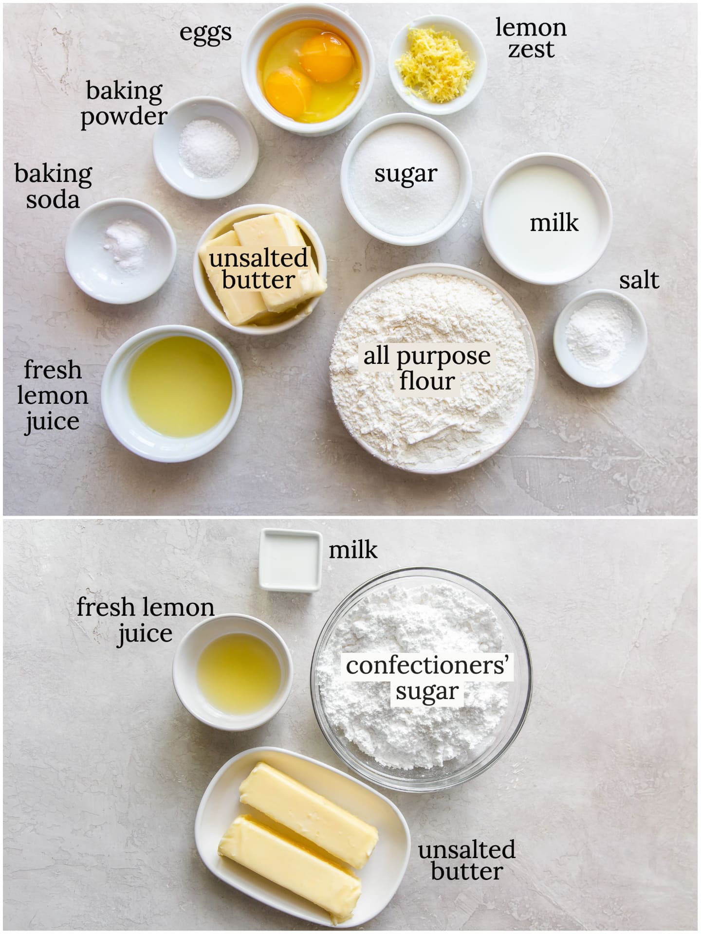 lemon cupcakes and lemon frosting ingredients in bowls labeled with text.