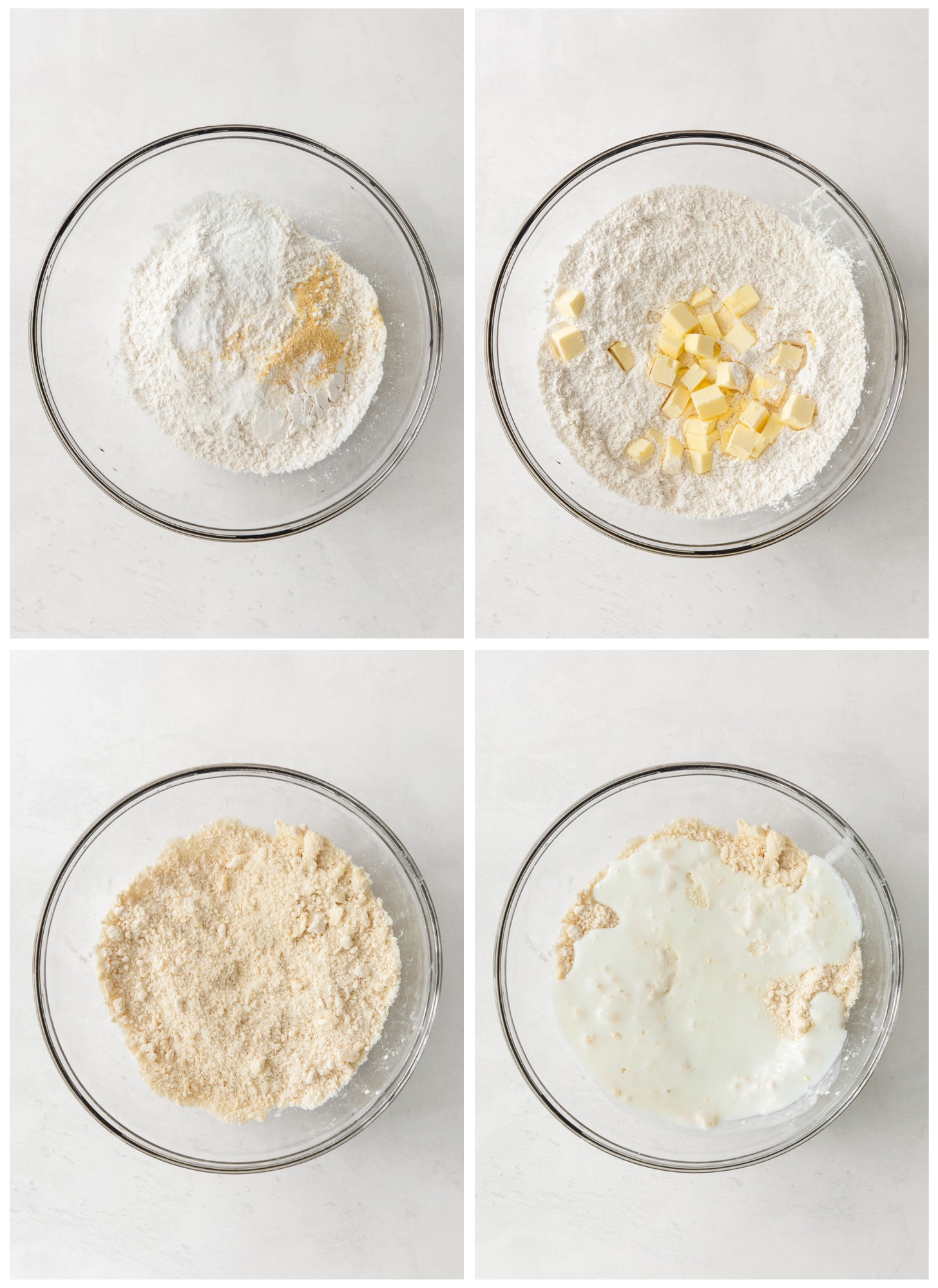 photo collage demonstrating steps 1 through 4 to make cheddar biscuits in a mixing bowl
