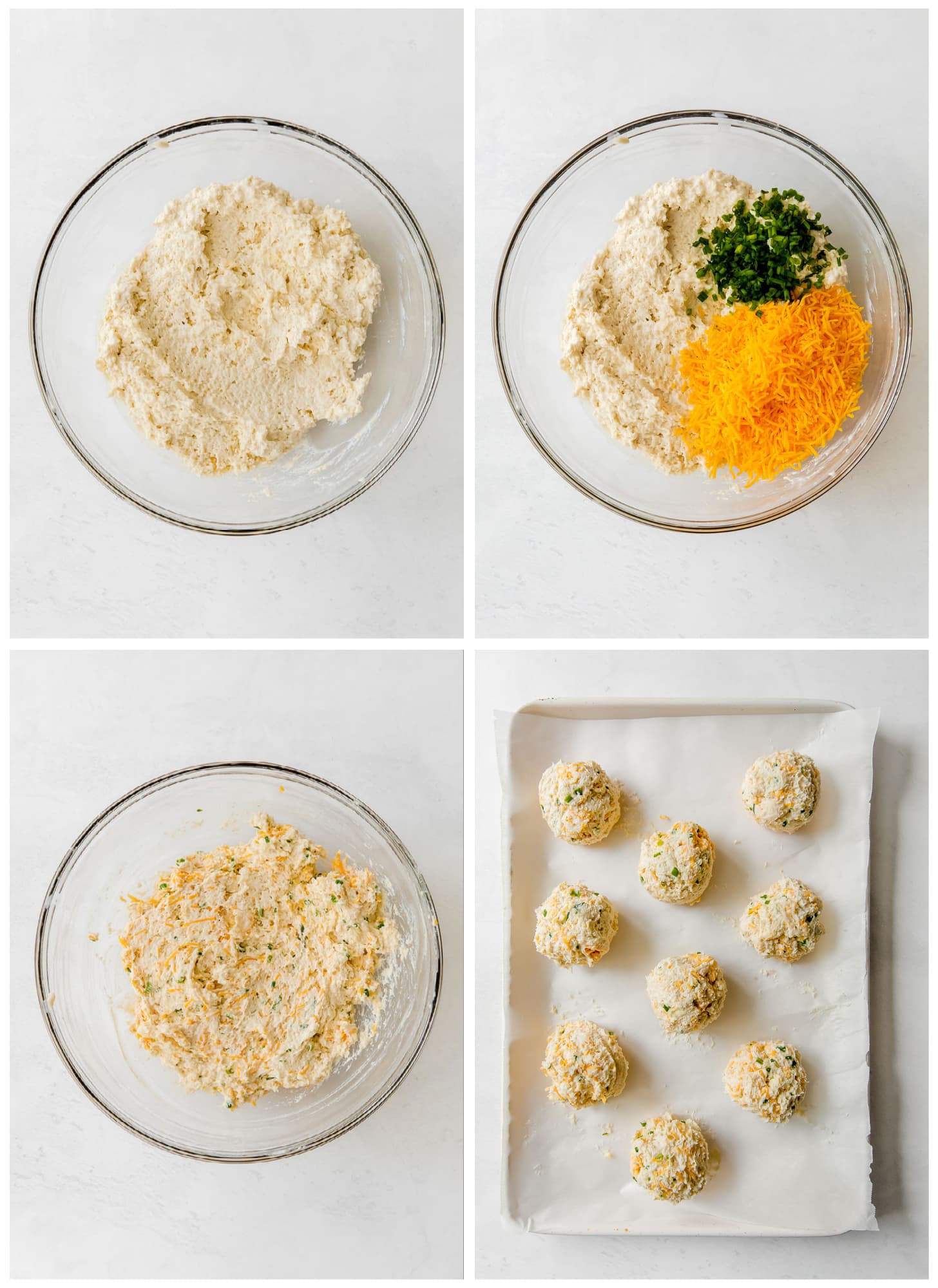 photo collage demonstrating steps 5 through 8 to make cheddar biscuits in a mixing bowl and dough dropped on baking sheet